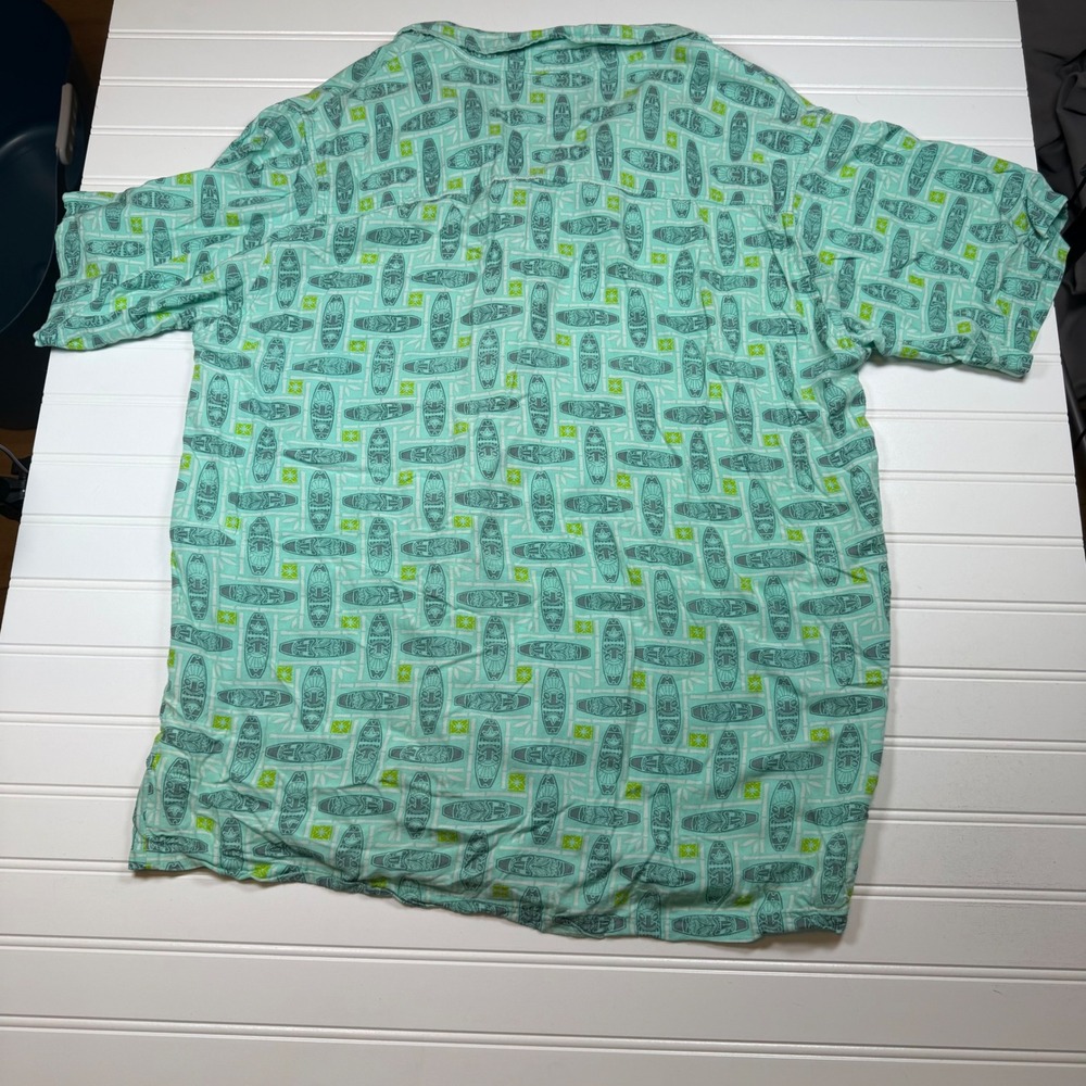 Atomic Tiki Hawaiian Shirt Mens XXL 2XL Mint Green Rayon Distressed Flawed Hole - Picture 2 of 9